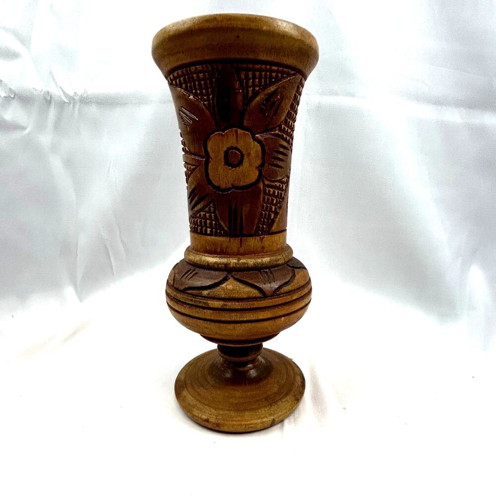 SKU2707 Vintage Hand Carved Wood Vase Decorative Floral Art Unused